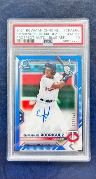 2021 Bowman Chrome EMMANUEL RODRIGUEZ Blue Refractor Auto /150 - PSA 10 Pop 9