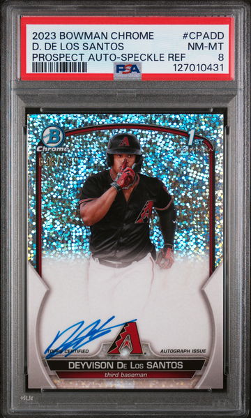 2023 Bowman Chrome Prospect Autograph Speckle Refractor Deyvison De Los Santos #CPADD /299 PSA 8