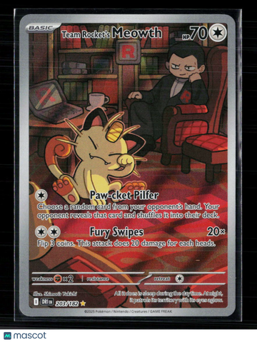 2025 Destined Rivals Team Rocket's Meowth Holo Secret Rare #203/182