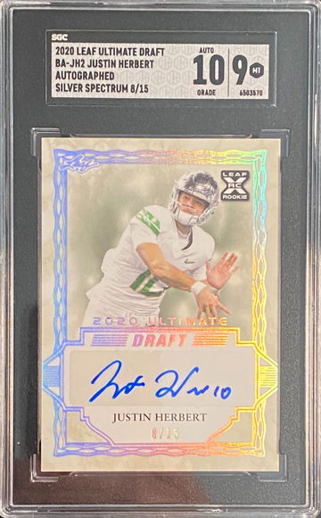 2020 Leaf Ultimate Draft Justin Herbert Rookie Silver Spectrum Auto /15 SGC 9 / 10 Chargers