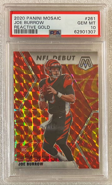 2020 Panini Mosaic Joe Burrow RC #201 NFL Debut Gold Reactive Prizm SP PSA 10