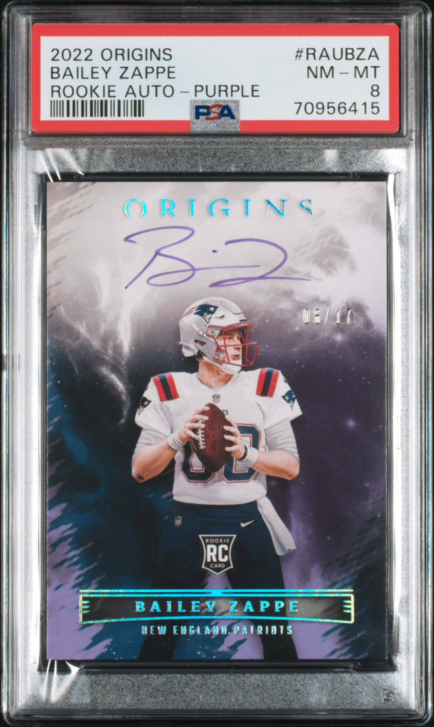 2022 Origins Rookie Autographs Bailey Zappe Purple #6/17 - PSA 8