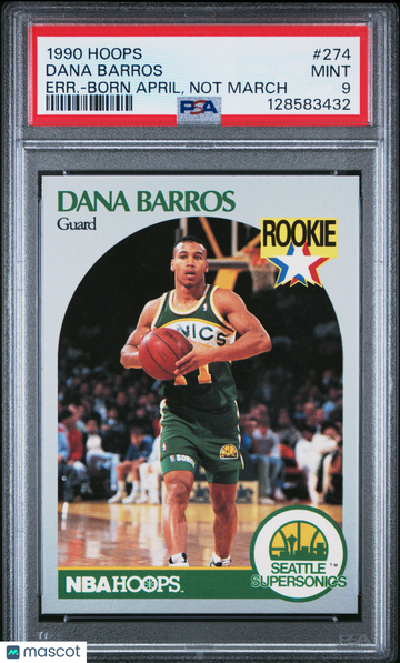 1990 Hoops Dana Barros #274 Err. Born April, Not March Rookie PSA 9