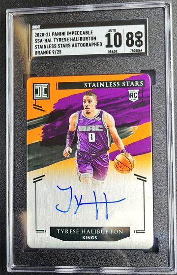 2020-21 Panini Impeccable Stainless Stars Tyrese Haliburton In Card Auto Orange /25 Rookie RC SGC 8 Auto 10