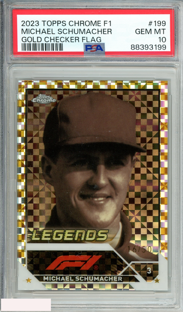 2023 TOPPS CHROME FORMULA 1 MICHAEL SCHUMACHER #199 GOLD CHECKER FLAG PSA 10 GEM MT