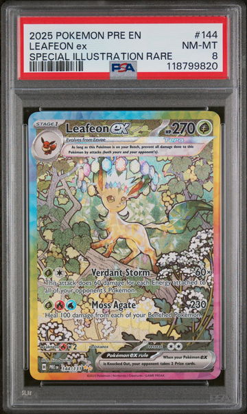 2025 Pokemon Scarlet and Violet Prismatic Evolutions Special Illustration Rare Leafeon Ex #144 PSA 8