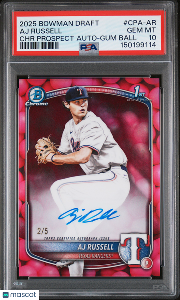 2025 Bowman Draft Chrome Prospect Autographs Aj Russell #CPA-AR Gum Ball /5 PSA 10