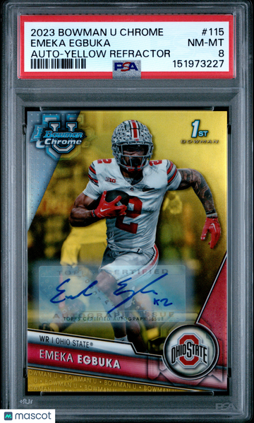 2023 Bowman University Chrome Emeka Egbuka #115 Auto Yellow Refractor PSA 8