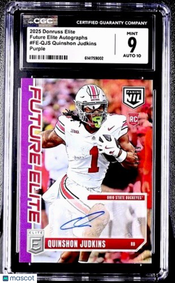 Graded 9 2025 Panini Donruss Elite Purple Rookie Auto FE-QJS Quinshon Judkins Football Card