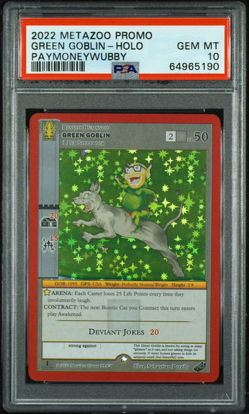 💎🤑 2022 Metazoo Promo GREEN GOBLIN 😈-FULL HOLO PAYMONEYWUBBY 💵🌲 PSA 10 ☠️