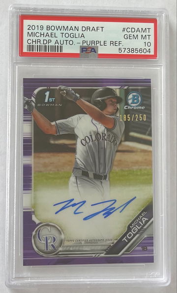 2019 Bowman Draft Michael Toglia Chrome Draft Picks Auto Purple /250 PSA 10