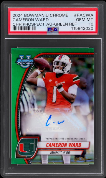 2024 Bowman University Chrome Cameron Ward Prospect Autograph Green Refractor PSA 10