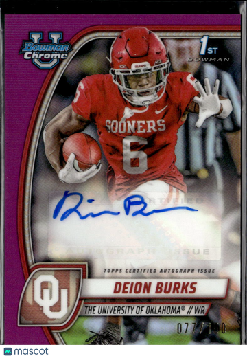 Deion Burks 2024 Bowman University Chrome Football 1st Bowman Auto Purple Refractor Oklahoma Sooners