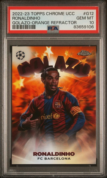2022 Topps Chrome UEFA Club Competitions Golazo Orange Refractor Ronaldinho #G12 /25 PSA 10