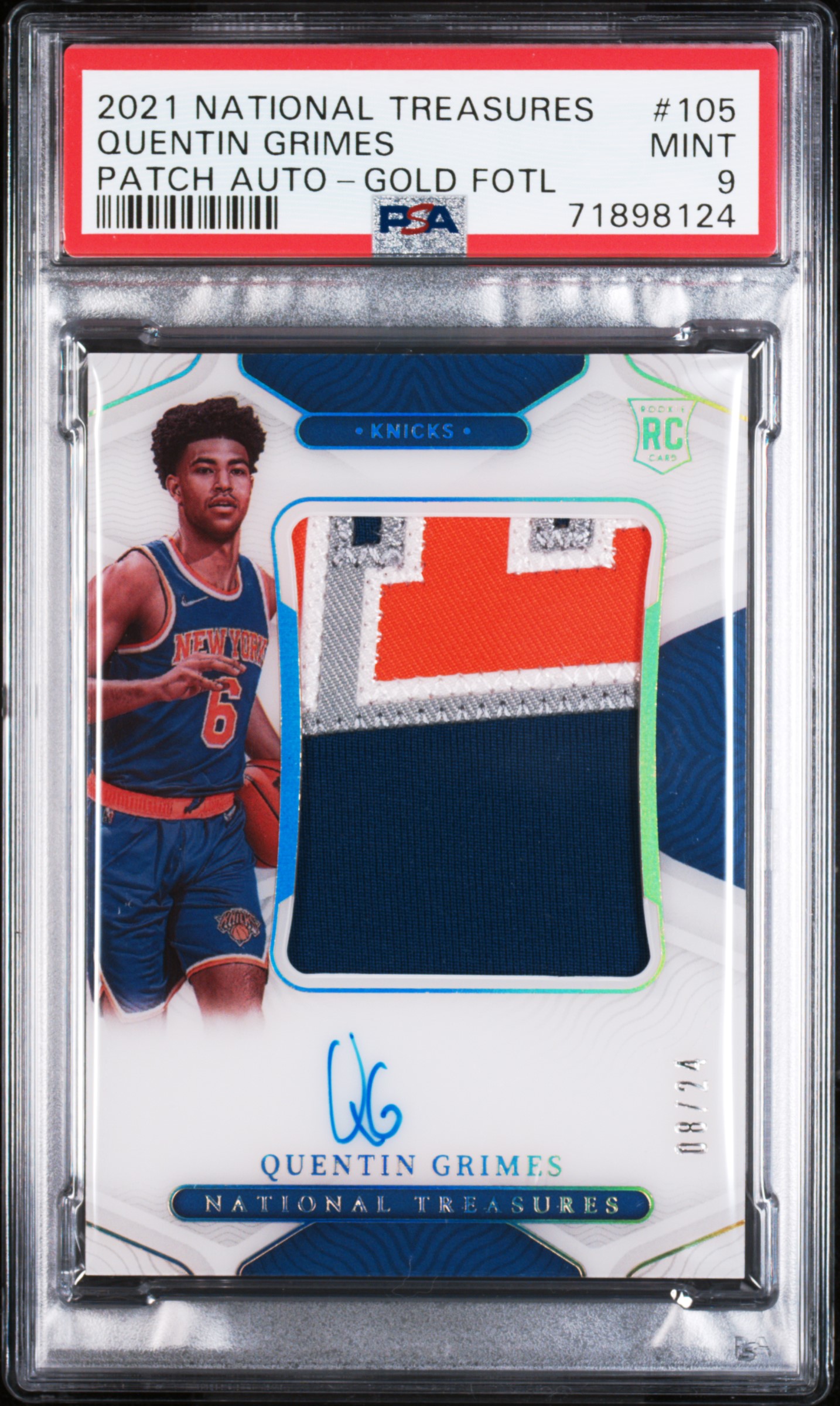 2021 Panini National Treasures Gold FOTL Quentin Grimes #105 RC Patch Auto /24 PSA 9