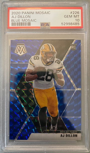 2020 Panini Mosaic 226 AJ Dillon - Blue Mosaic /99 PSA 10