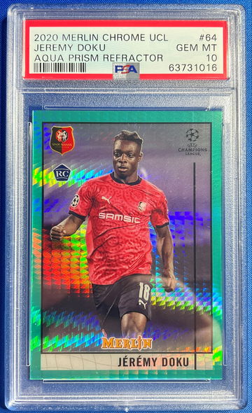 2020-21 Topps Merlin Chrome UEFA Aqua Prism Rookie Jeremy Doku #64 PSA 10