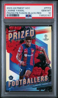 2023-24 TOPPS FINEST UEFA UCC FUSION LAMINE YAMAL SSP BLACK/RED #PFF8 PSA 10