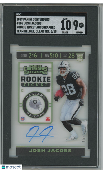 2019 Panini Contenders Josh Jacobs #106 Ticket Stub Parallel/Variety Rookie SGC 9 9 Auto 10