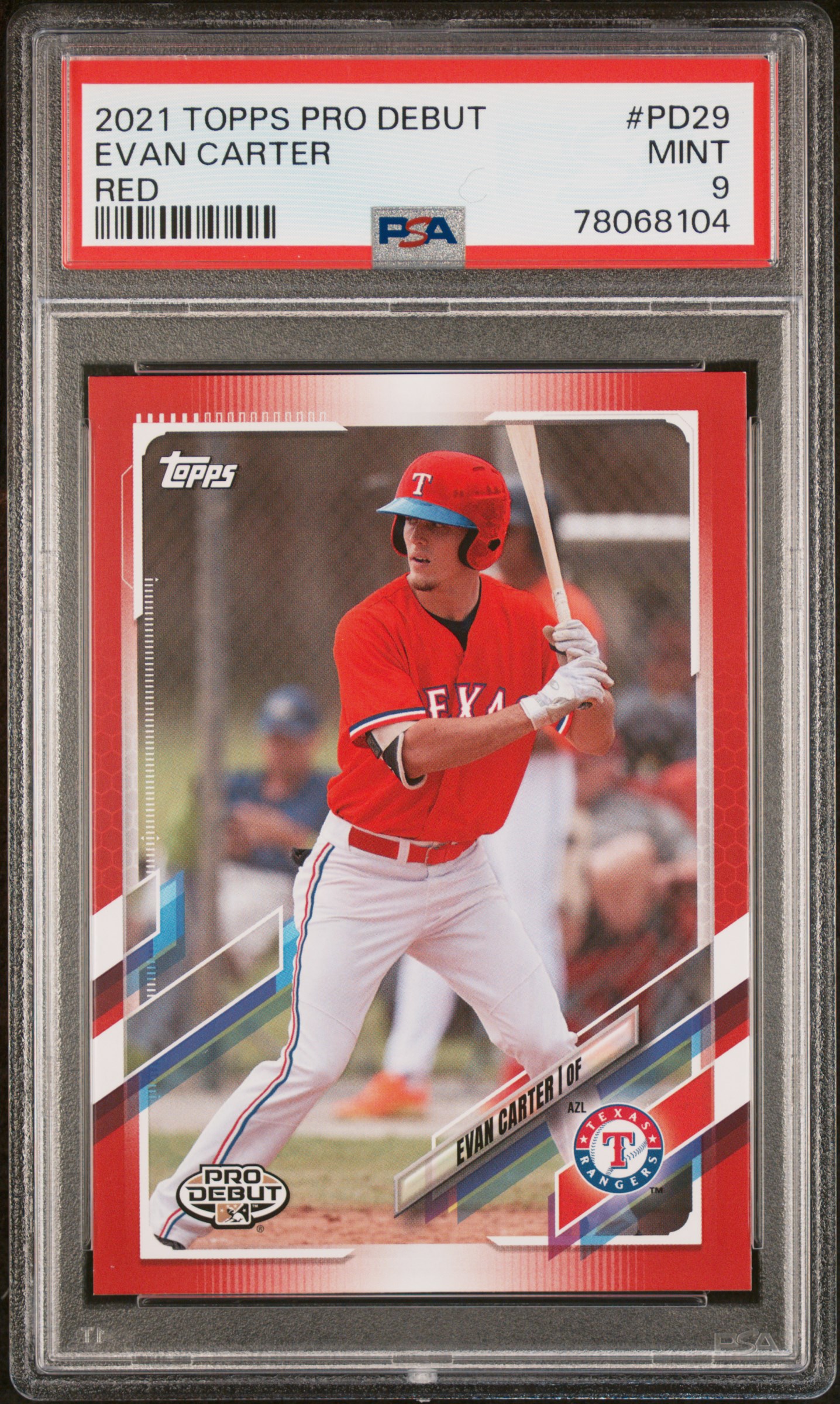 2021 Topps Pro Debut  Evan Carter RED #/10 SP RC Rangers #PD29 PSA 9