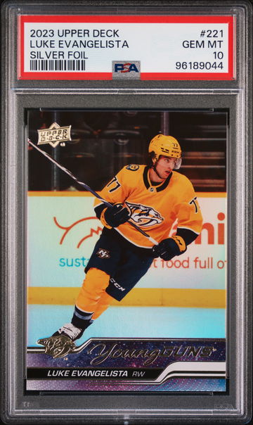 2023 Upper Deck Series 1 Young Guns Silver Foil Luke Evangelista #221 RC PSA 10