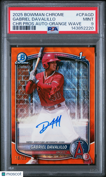 2025 Bowman Chrome Prospect Autographs Gabriel Davalillo #CPAGD Orange Wave /25 PSA 9