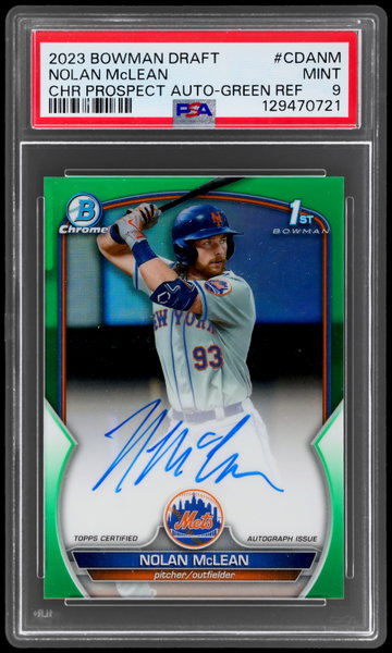 2023 Bowman Draft Nolan Mclean Chrome Prospect Autograph Green Refractor PSA 9