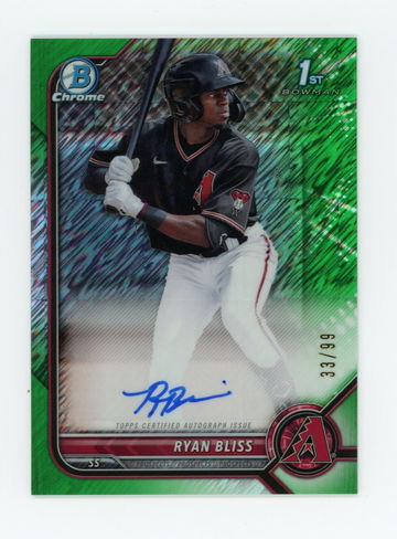 💎🧨 RYAN BLISS 2022 Bowman Chrome Green Shimmer Refractor Auto 33/99 1st CPA-RB