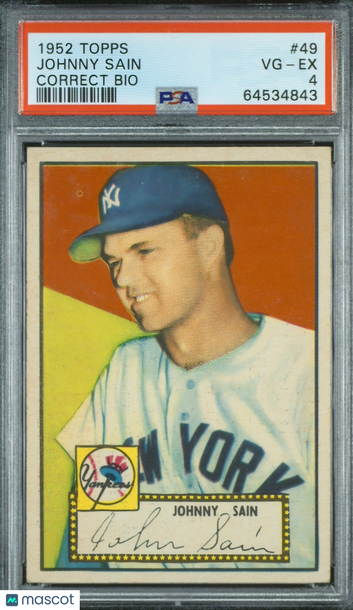1952 Topps Johnny Sain #49 [Base] Base Set PSA 4
