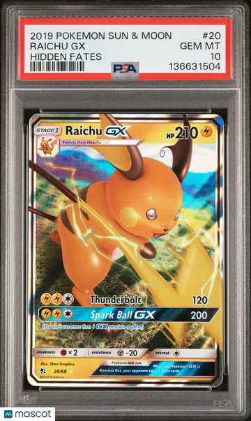 2019 Pokemon Sun & Moon Hidden Fates Raichu GX Hidden Fates PSA 10 #20