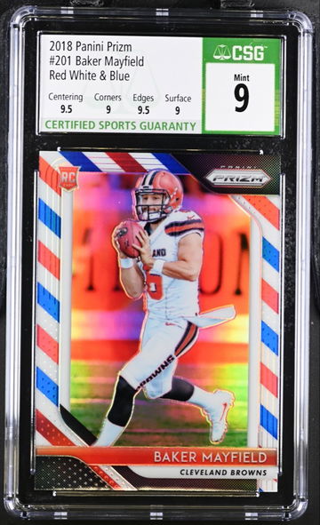 Baker Mayfield Rookie Prizm Red White and Blue Graded CSG 9