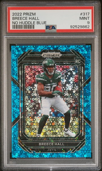 2022 Panini Prizm Prizms No Huddle Blue Breece Hall #317 /79 PSA 9