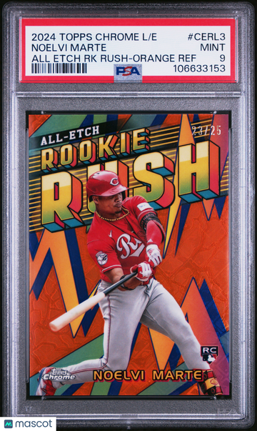 2024 Topps Chrome Logofractor Edition Chrome All Etch Rookie Rush Noelvi Marte #CERL3 RK Orange Ref /25 PSA 9