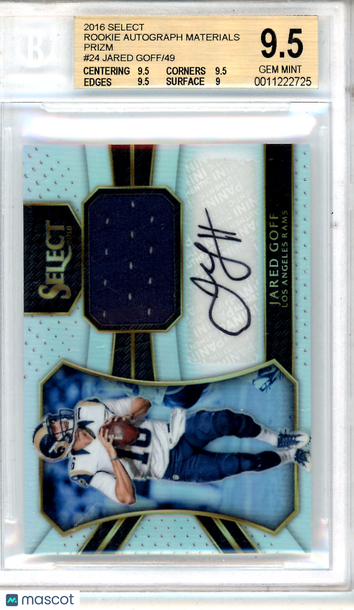 2016 Select Rookie Autograph Materials Prizm Jared Goff #24 /49 Rookie BGS 9.5 Auto 10