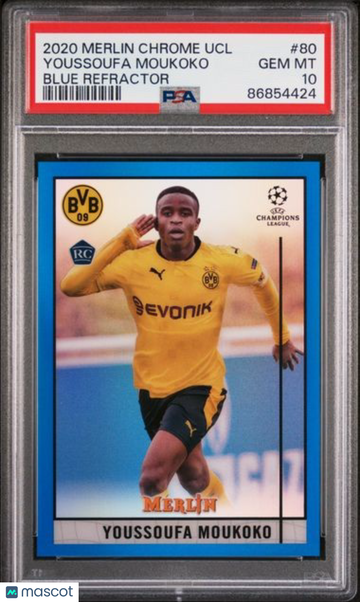 2020 Topps Merlin Chrome UEFA Champions League Youssoufa Moukoko #80 Blue Refractor PSA 10