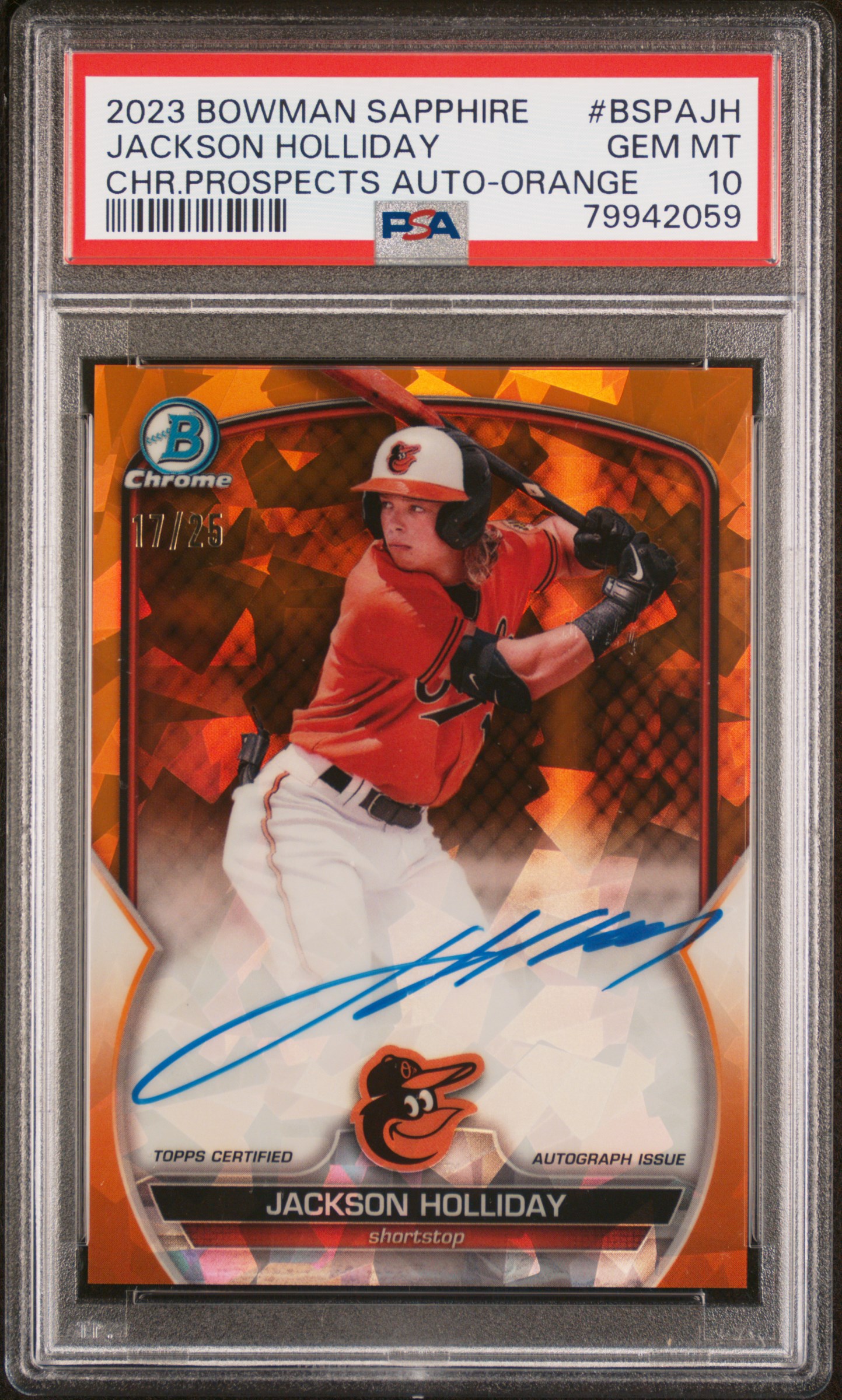 2023 Bowman Sapphire Chrome Prospects Autographs Orange /25 Jackson Holliday Rookie