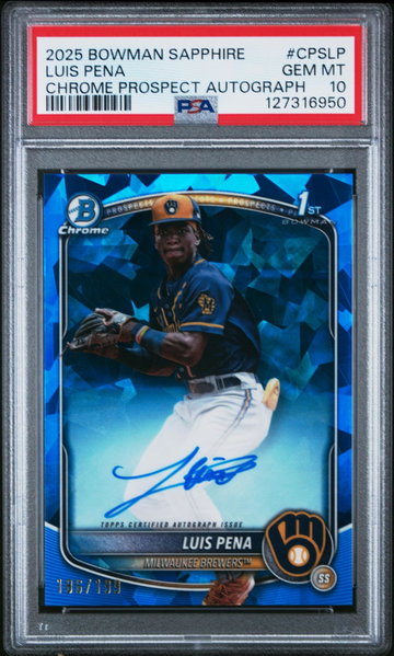 2025 Chrome Sapphire Prospect Autographs Luis Pena #CPSLP /199 PSA 10