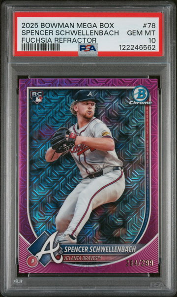 2025 Bowman Mega Box Chrome Fuchsia Refractor Spencer Schwellenbach #78 /299 PSA 10