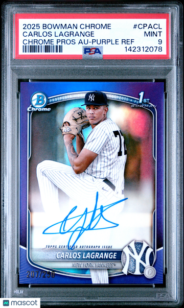 2025 Bowman Chrome Prospect Autographs Carlos Lagrange #CPACL Purple Ref /250 PSA 9