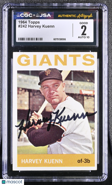 1964 Topps Baesball Harvey Kuenn #242 Hand Signed Auto CGC 2 JSA Auto 10