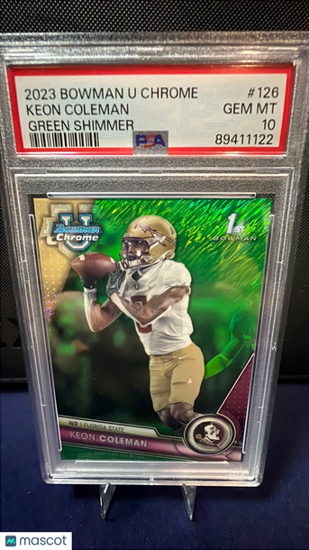 Graded 2023 Bowman University Chrome Green Shimmer Keon Coleman #126 PSA 10 Football Card