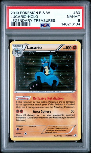 2013 Pokemon Black and White Legendary Treasures Holo Lucario #80 PSA 8