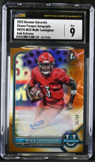 2022 BOWMAN UNIVERSITY CHROME PROOSEPCT AUTO MALIK CUNNINGHAM 1ST BOWMAN GOLD REFRACTOR SP /50 CSG 9 MINT