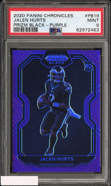 2020 PANINI CHRONICLES PRIZM BLACK JALEN HURTS #PB19 PURPLE 25 OF 125 RC PSA 9