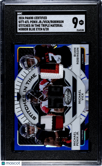2024 Panini Certified Robinson Vick Penix JR. #SITT-ATL Stitches Time Triple Mat. Mirror Blue Etch SGC 9