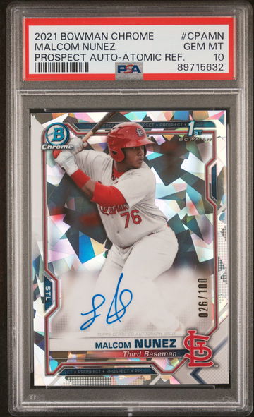 2021 BOWMAN MALCOM NUNEZ CHROME PROSPECT AUTOGRAPHS PROSPECT AUTO-ATOMIC REF. #CPAMN PSA 10