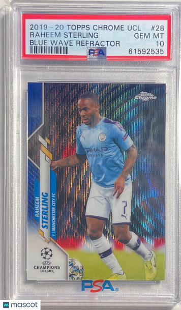2019 Topps Chrome UEFA Champions League Raheem Sterling #28 Blue Wave Refractor PSA 10