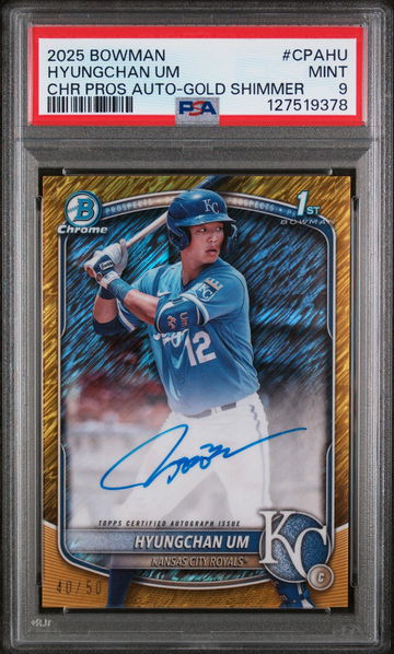 2025 Bowman Chrome Prospect Autograph Gold Shimmer Refractor Hyungchan Um #CPAHU /50 PSA 9