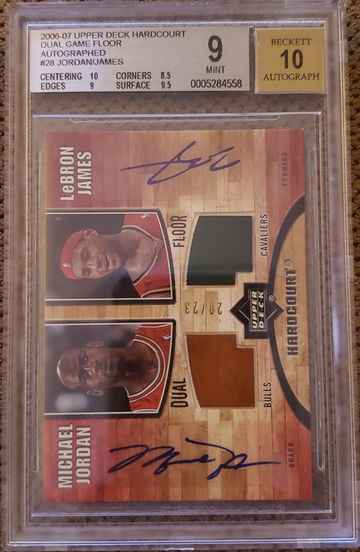 Michael Jordan Lebron James 2006-07 Upper Deck Hardcourt Dual Game Floor AUTO AUTOGRAPH /23 BGS 9/10 