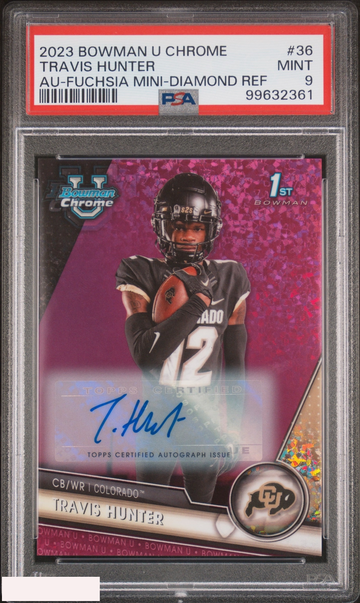 2023 BOWMAN U CHROME TRAVIS HUNTER #36 FUCHSIA MINI DIAMOND AUTO OF 150 PSA 9